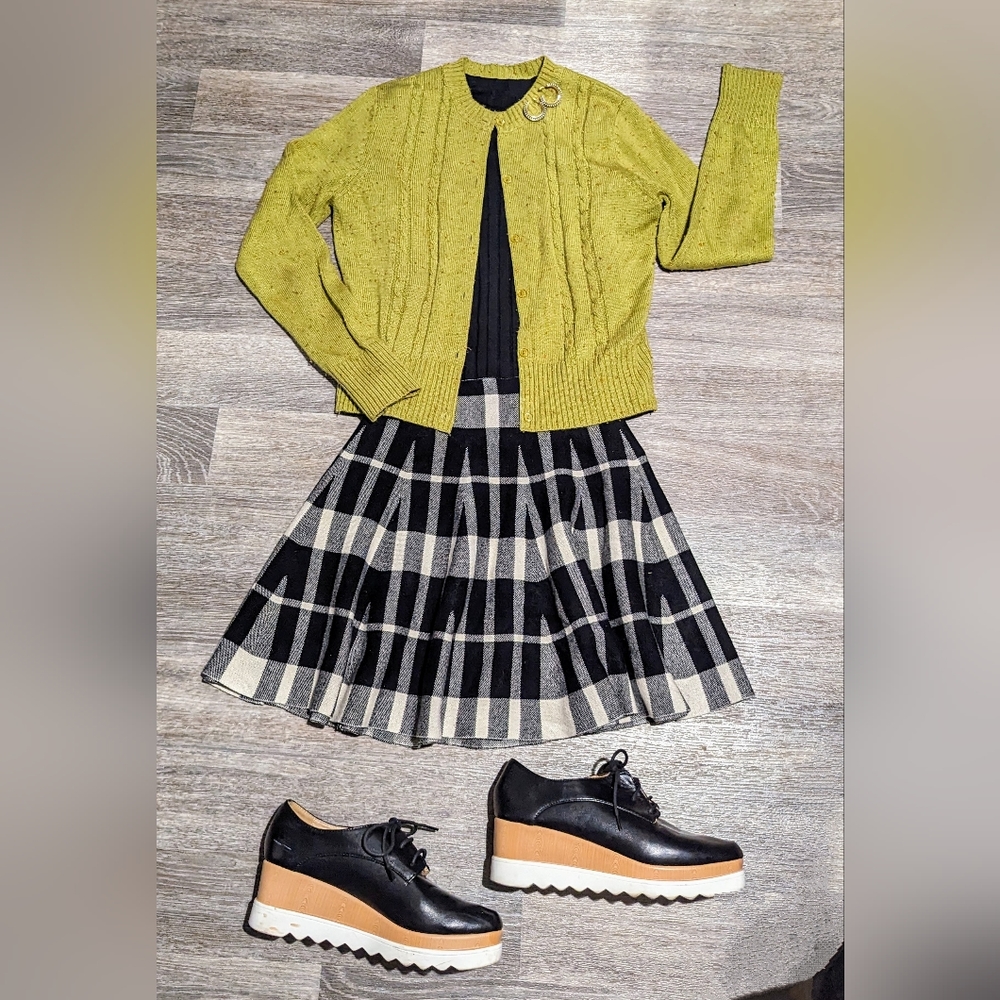 Entire Look Chartreuse Cardigan Black Mock Turtle Neck Mini Skirt